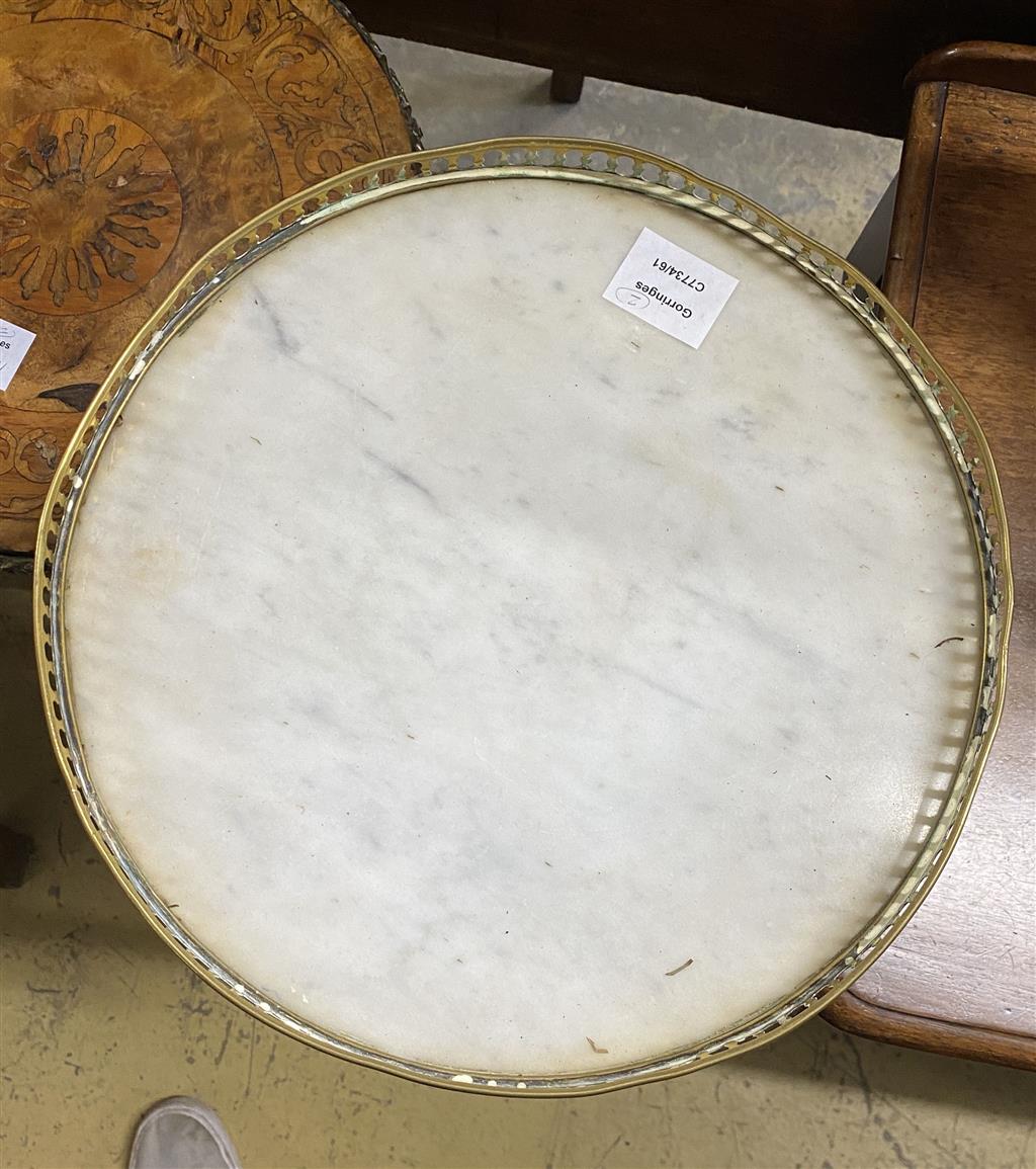 An Edwardian white marble topped jardiniere stand and a late 19th century French marquetry inlaid jardiniere stand, 33cm diameter